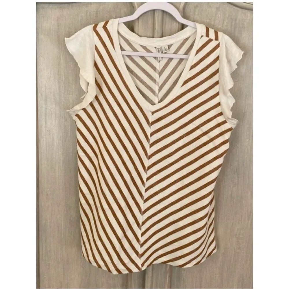 Cato Sz L White & Brown Striped V-Neck Tank with Ruffle Trim